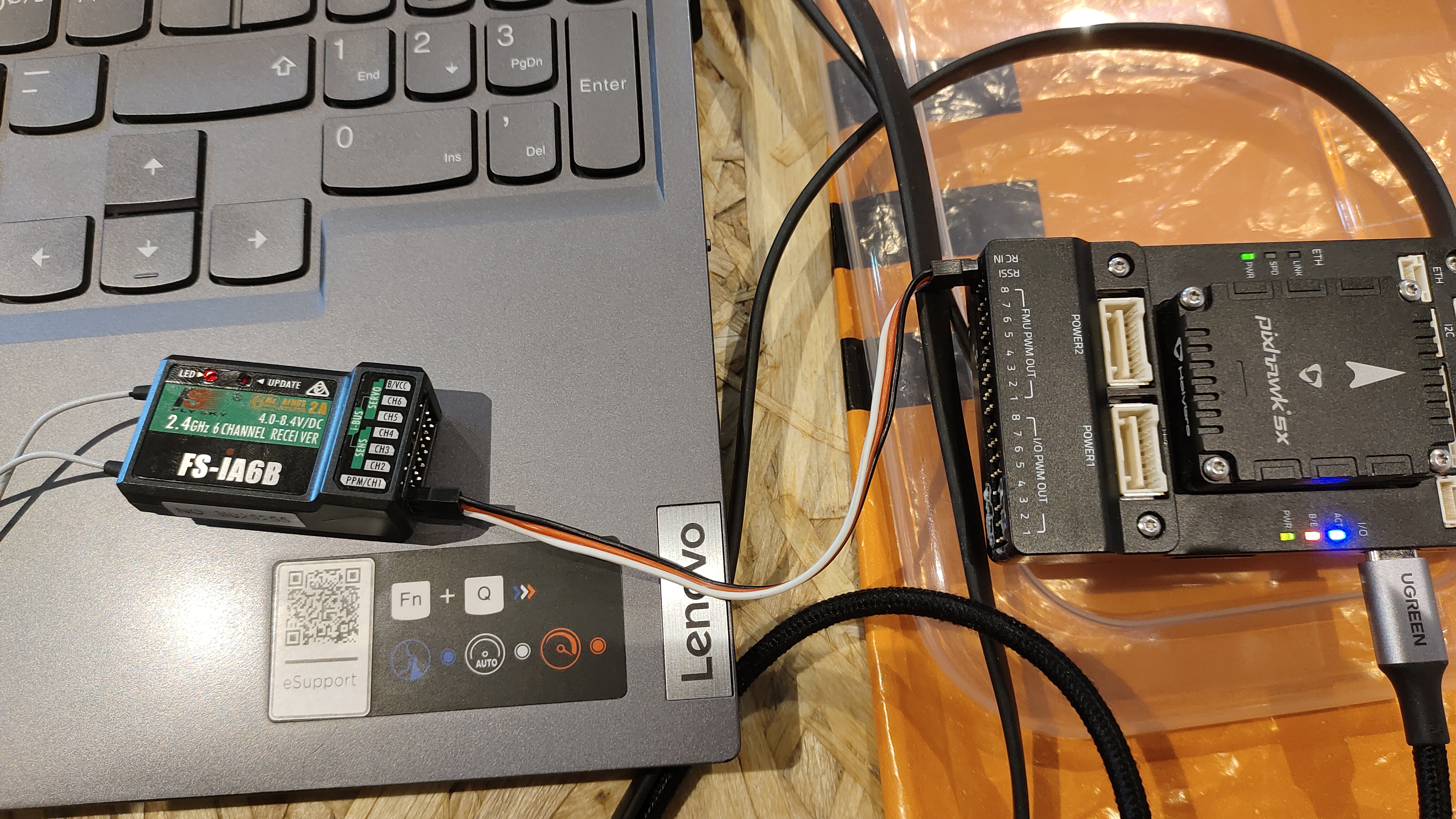 FlySky FS-iA6B receiver connected to Pixhawk 5X via PPM cable